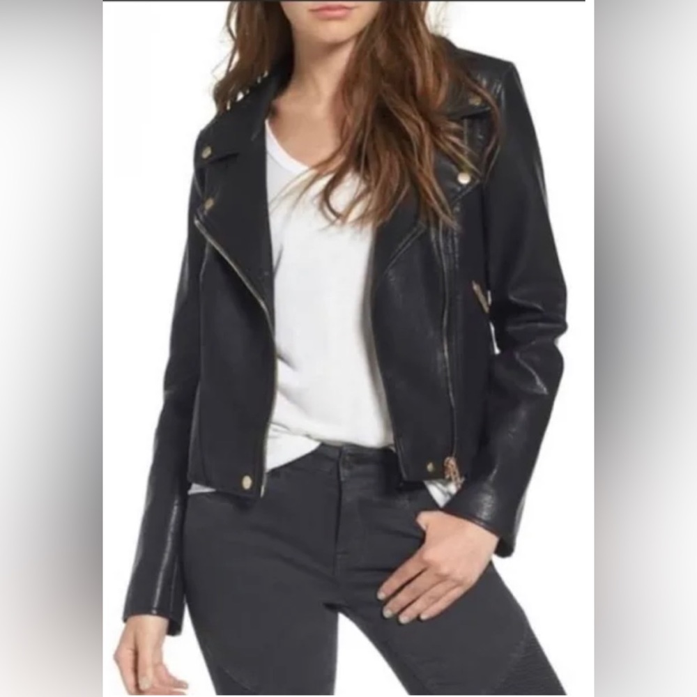 BlankNYC faux leather jacket with gold zippers/detailing. Color Black.  Size S.